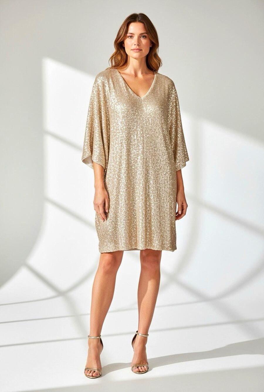 GUESS Sequin Tunic Dress Womens XS/S Gold Metallic V-Neck Party Shift NWT